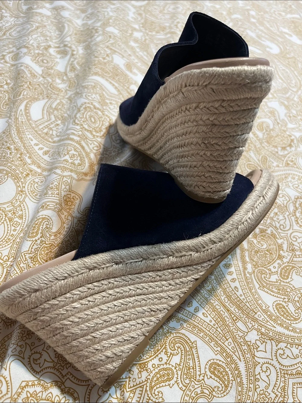 Stuart Weitzman Navy Suede Espadrille Slide Sandals with Tan Footbed - Picture 6 of 10